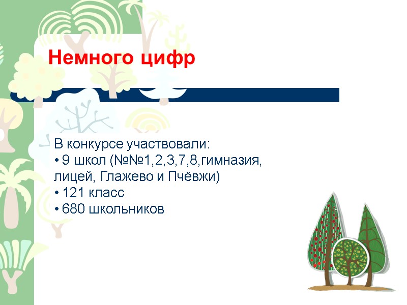 Немного цифр В конкурсе участвовали:  9 школ (№№1,2,3,7,8,гимназия, лицей, Глажево и Пчёвжи) 